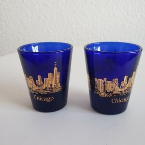 Vtg Libbey?Cobalt Blue 22K Gold 2 Shots Glass Chicago Skyline Culver Souvenir